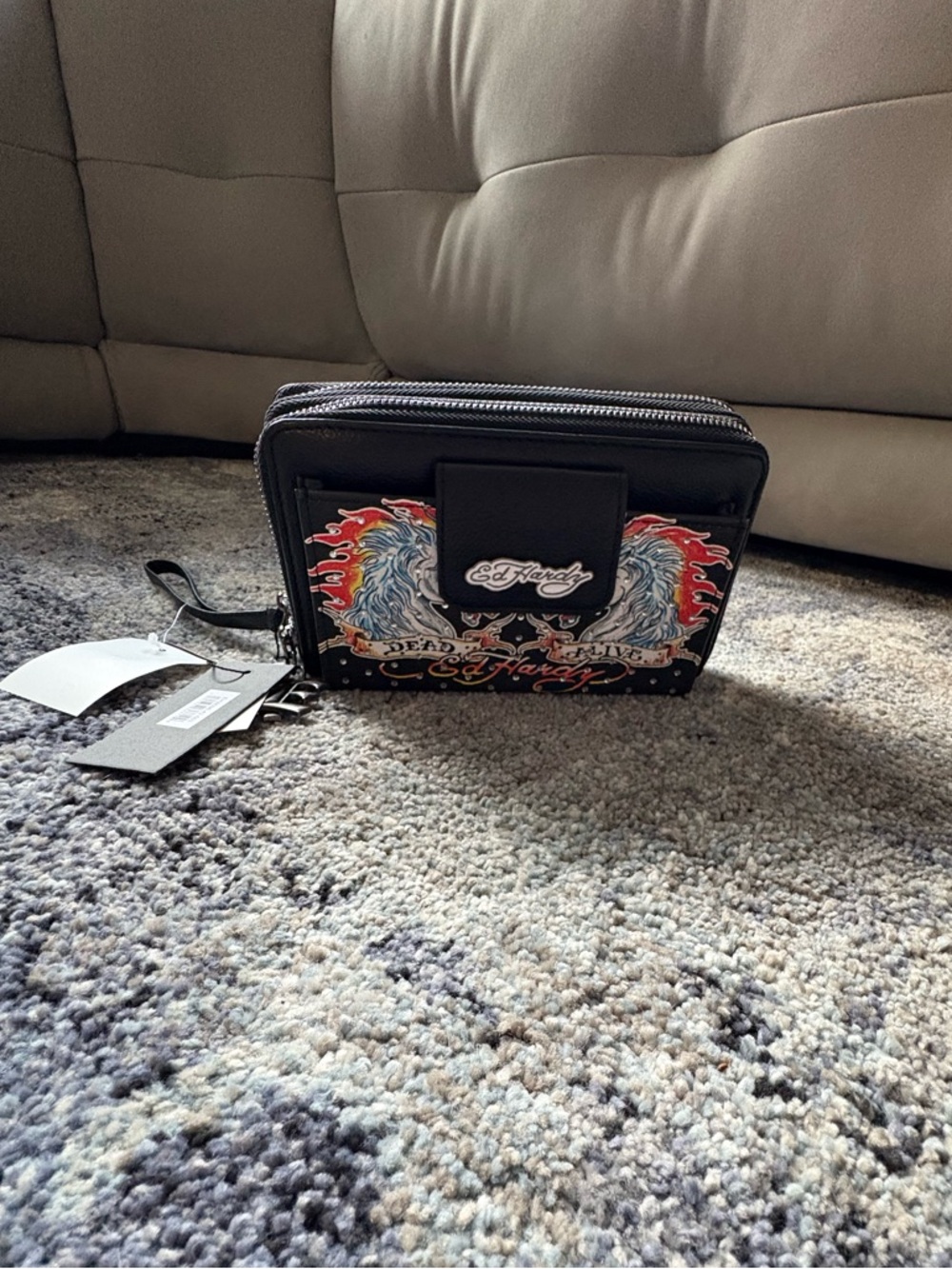 Ed Hardy Black Wallet with Red and Blue Graphic Wings